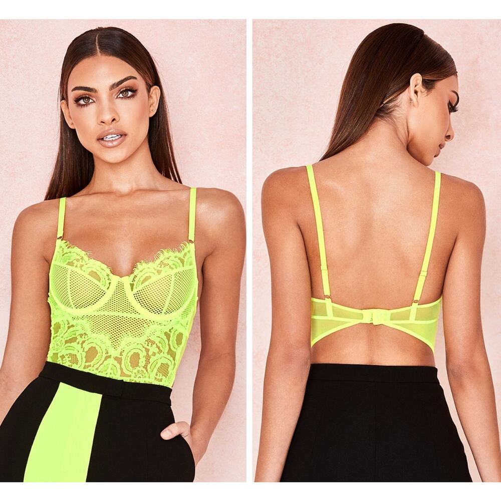 House of CB London Size L Nadia Neon Yellow Lace Bodysuit Mesh Underwire